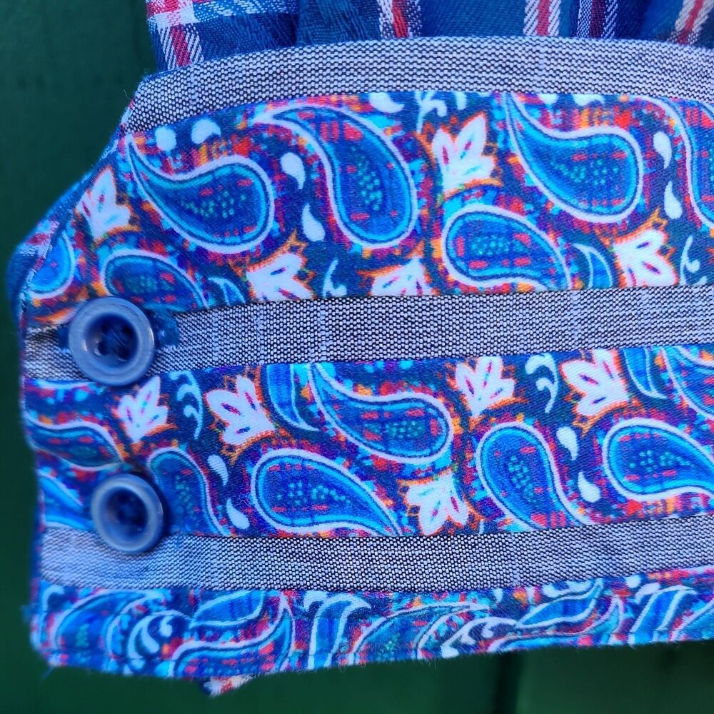 Robert Graham Shirt Button Up Paisley On Plaid Roll Over Cuff Knowledge Red Blue - Picture 3 of 16
